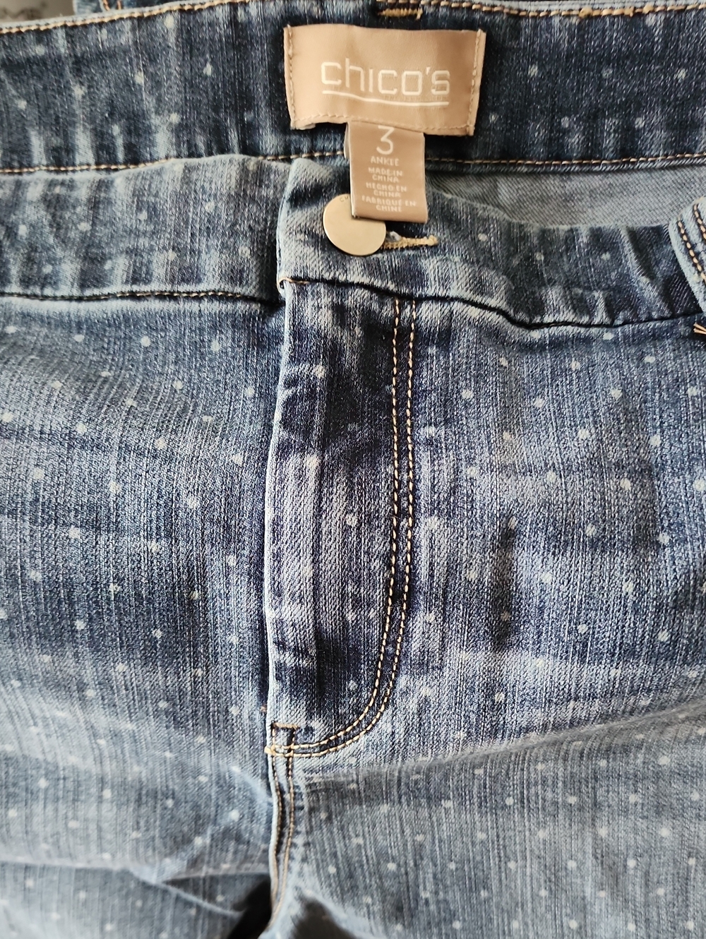 Chico's Blue Speckled Denim Jeans with White Dot Detail